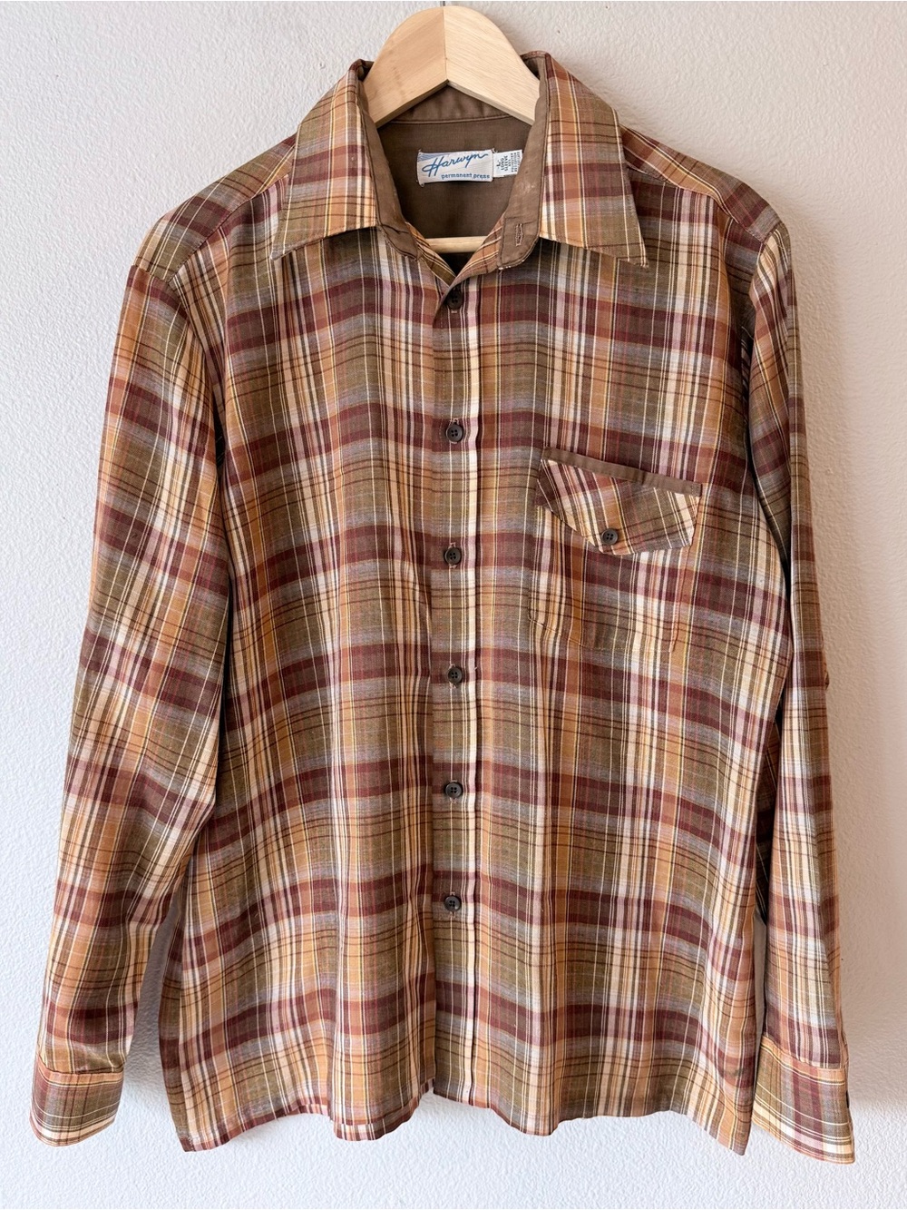 Vintage 70s Harwyn Plaid Button Down Shirt Brown Tan Large Pointed Collar Large